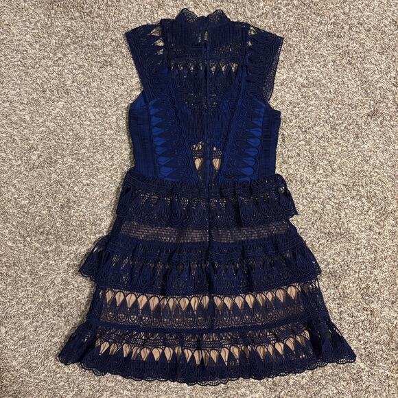 Self Portrait Teardrop Paneled Guipure Lace Mini Dress Holiday Blue Size 4 - Picture 5 of 11